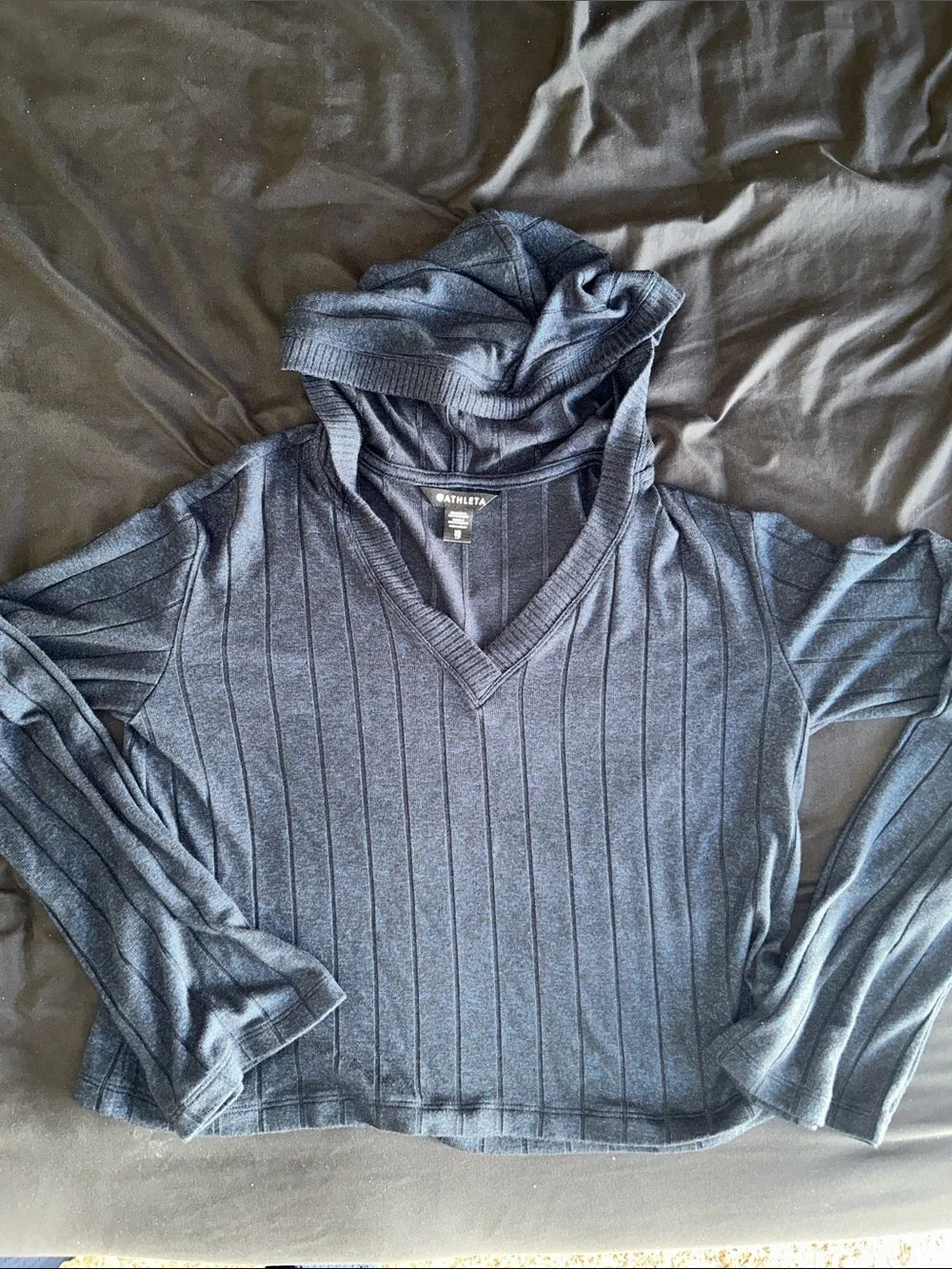Athleta Harmony Pose Blue V Neck Ribbed Hooded Sweater Women’s XS